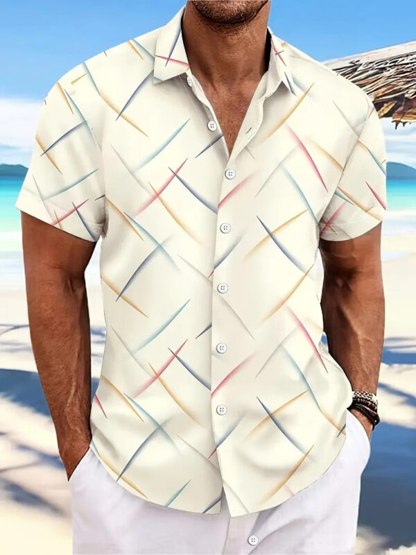 Summer New Men's Striped Feather Casual Beach Short Sleeve Button Shirt