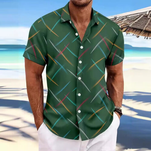 Summer New Men's Striped Feather Casual Beach Short Sleeve Button Shirt