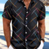 Summer New Men's Striped Feather Casual Beach Short Sleeve Button Shirt