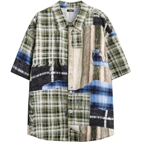 Men's Irregular Stitching Printing Short Sleeve Plaid Shirt